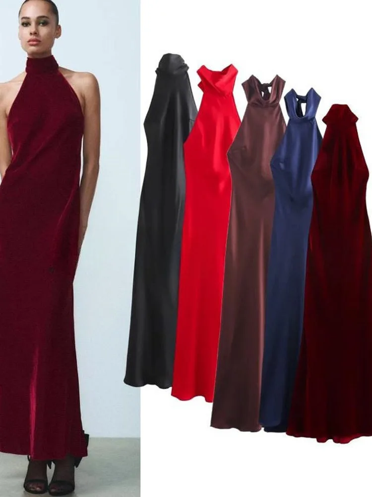 

Sexy Bal Long Svel Silk Satin Gown Women's New Evening Dr Hanging Collar Neline mid Waist A-Line Silhouette