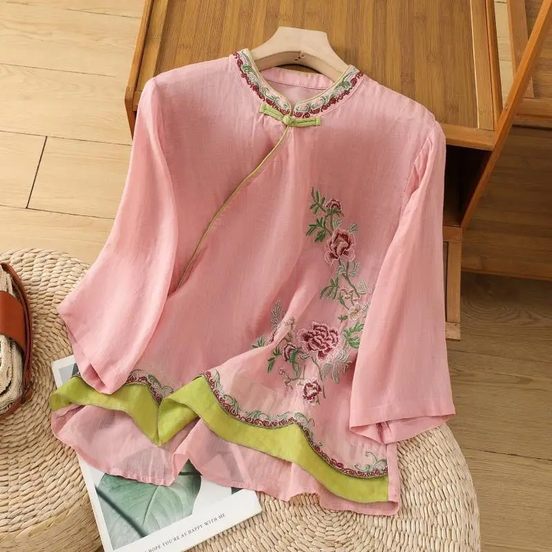 Chinese-style Slanted Collar Cheongsam Shirt Top with Ummer Cotton Linen Retro Style Embroidered with Touch of Literary Flair