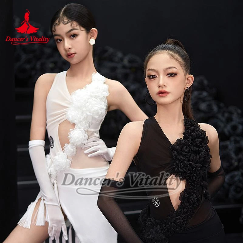 Child Pearl Tassel Hollowing Latin Training Dresses Dancer's Vitality Teenagers Chacha Samba Rumba Salsa Performance Clothing