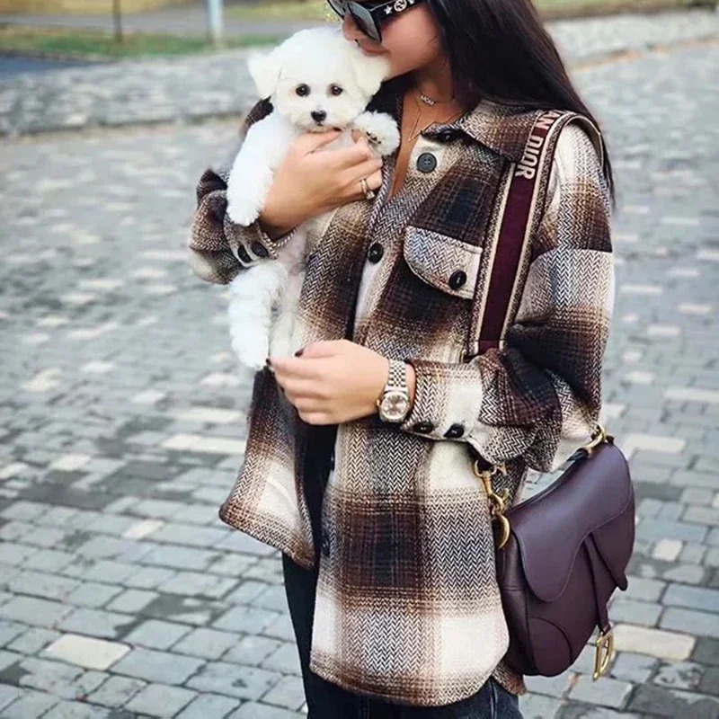 Fashion Ladies Thick Plaid Coat Female Streetwear Vintage Women 2021 Long Sleeve Woolen Coats Elegant Girls Oversize Jacket Chic