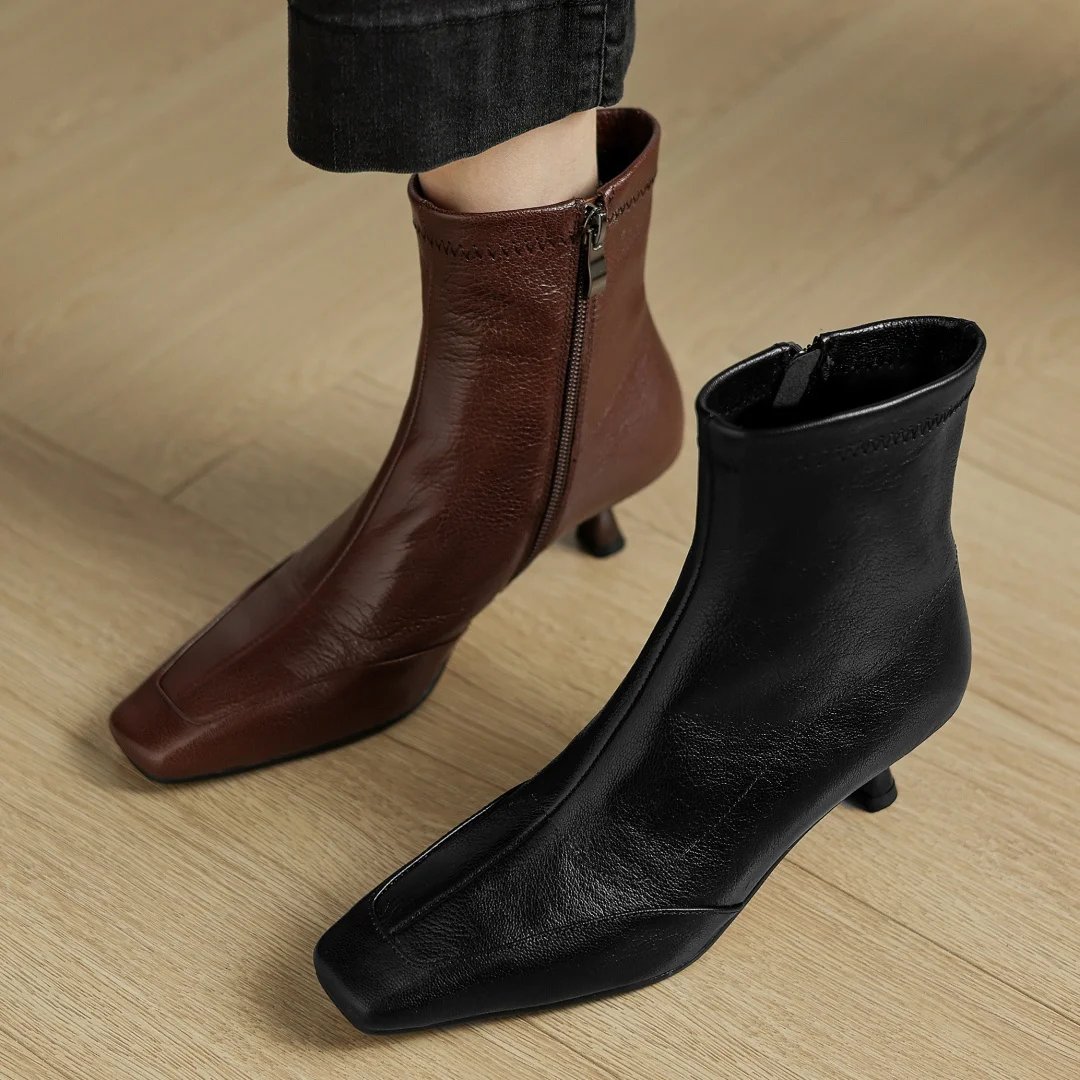 

Women's sheepskin square toe side zip slip-on autumn ankle boots elegant ladies 4.5cm thin high heel dress slim short booties