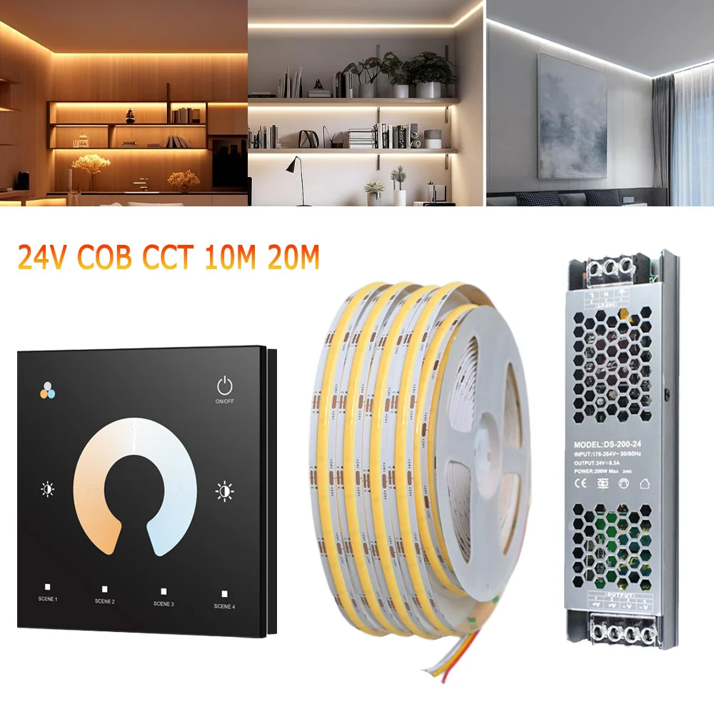 Kit 10M 20M COB CCT LED Strip 24V Flexible High Density Dimmable Room Light Touch Panel Remote Controller Dual White 2700K-6500K