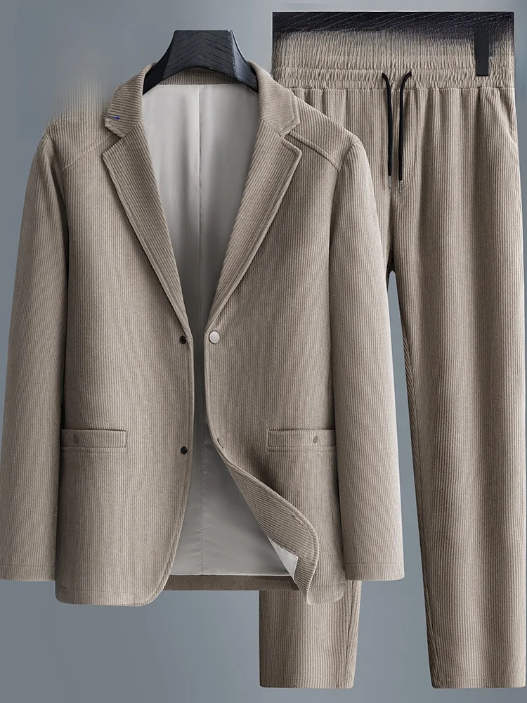 

Rn Autumn New Corduroy Suit Jaet Men's Luxury Casual Faion High-End Two-Piece Set Long Sve Polyester Youth Long Pants