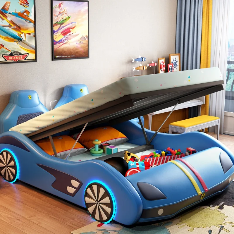 Cama de coche para niños, cama de coche deportiva multifuncional, dibujos animados creativos de cuero de madera maciza, niño y niña