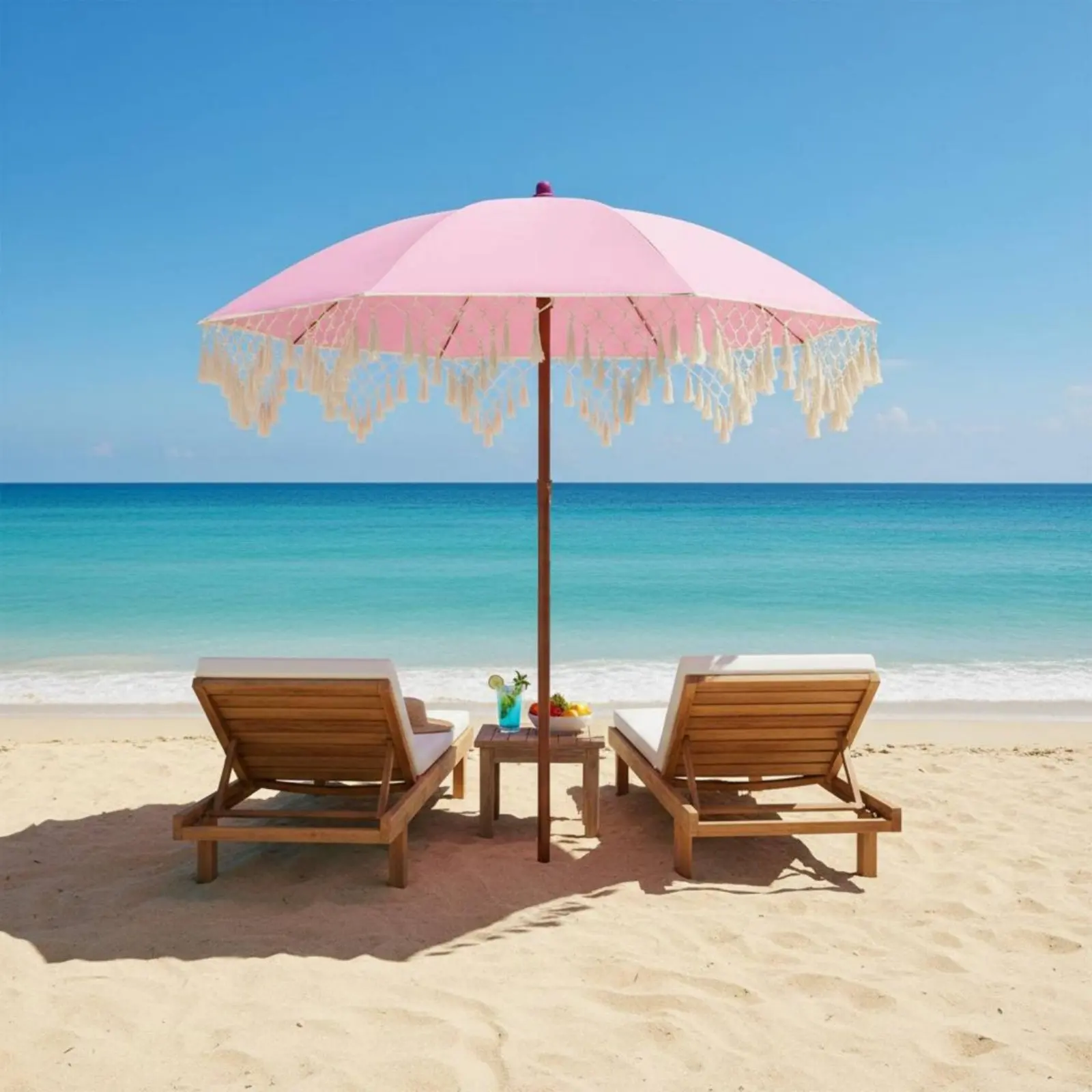 Tassel Patio Umbrella Portable Tassel Beach Umbrella Garden Sunshade with Tassels Anti-Pinch Mechanism Bohemian Design Sunshade