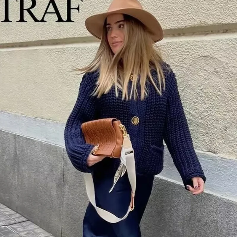 TRAF Cardigan For Women Autumn Cropped Sweaters Knitted Cardigan Long Sleeve Winter Button Sweaters Cardigan Woman Outerwears