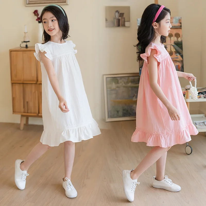 JUCPKID 2024 Korean Summer Children Girl Dress School Girl Cotton Linen Flounce Fly Sleeves One-piece Dress Junior Girl Dress