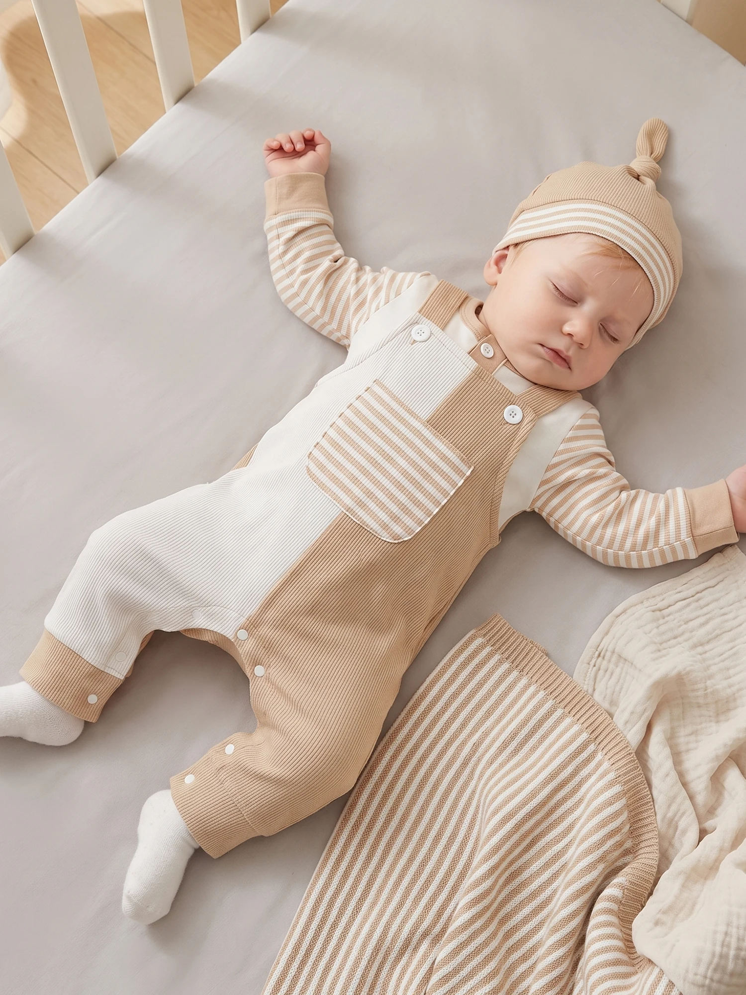 Front With Hat Overalls Outfit-Striped Fall Outfit Pockets Overalls With Baby Baby Boy Lightweight