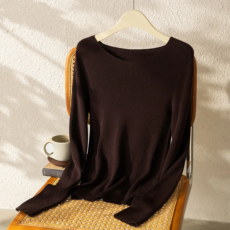 

Seamless Boat Neck Sweater Light Weight 3D Fine Knitted Layering Tops Autumn Women