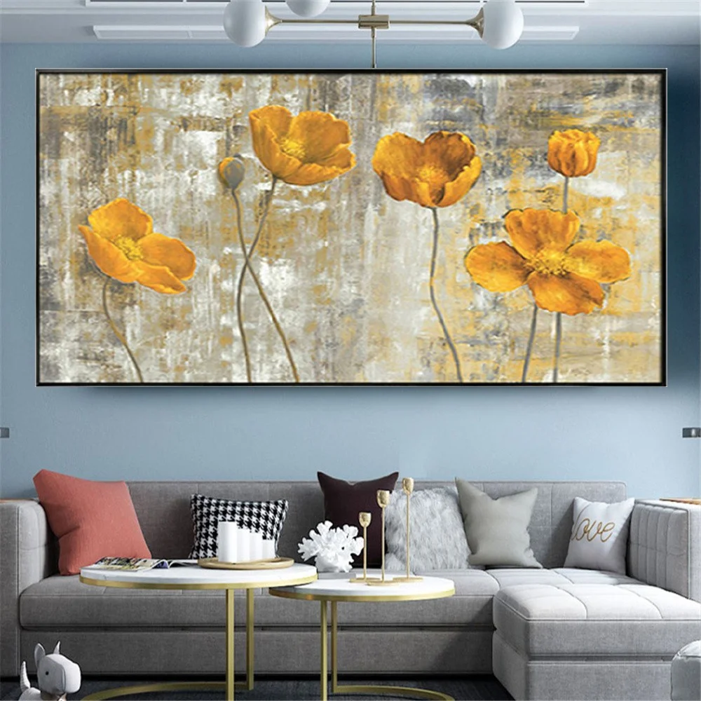Khaki Drawing 100% Hand-Painted Oil Painting Decor Living Room Yellow Flower Wall Art Picture Large Poster Golden Lily Pattern
