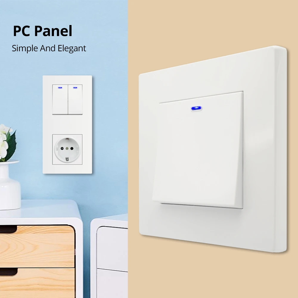 Wallpad Vertical 1/2/3 Gang 2 Way Wall Light Switch With LED Dual USB Charge Port EU Socket Outlet 172*86mm White Plastic Panel