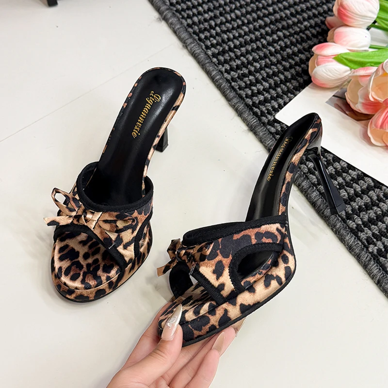 Leopard Bow Women Slippers Platform High Heels Shoes Sexy Sandals Summer 2026 Designer Dress Shoes Trend Pumps Mujer Sandalias