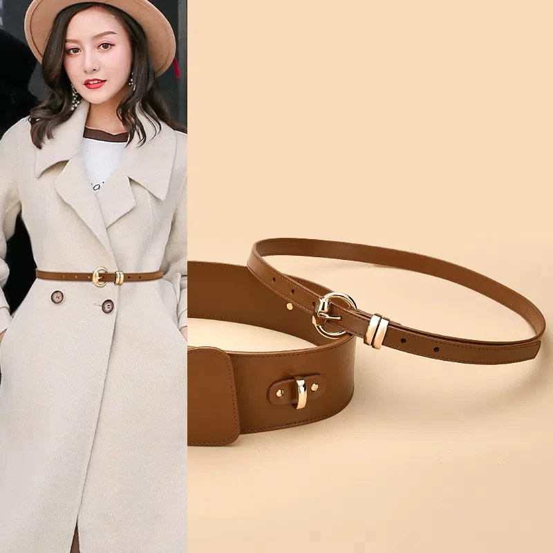 Fashion genuine leather pin buckle ladies wide belt trench coat waist belt ladies wide belt cowhide waist belt