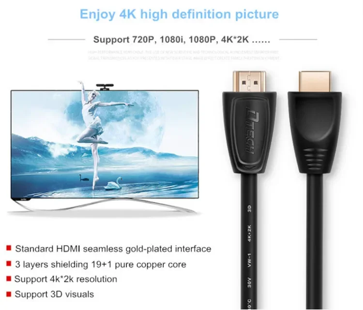 DTECH 3 capas que blindan el cable video HDMI chapado en oro 4K 3D del núcleo de cobre puro HDTV 1M
