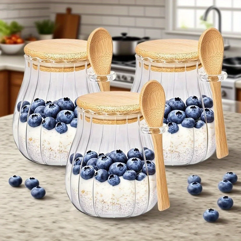 1/2/3/4Pack Stripes High Borosilicate Glass Container Glass Food Storage Overnight Oats Jars Container for Party