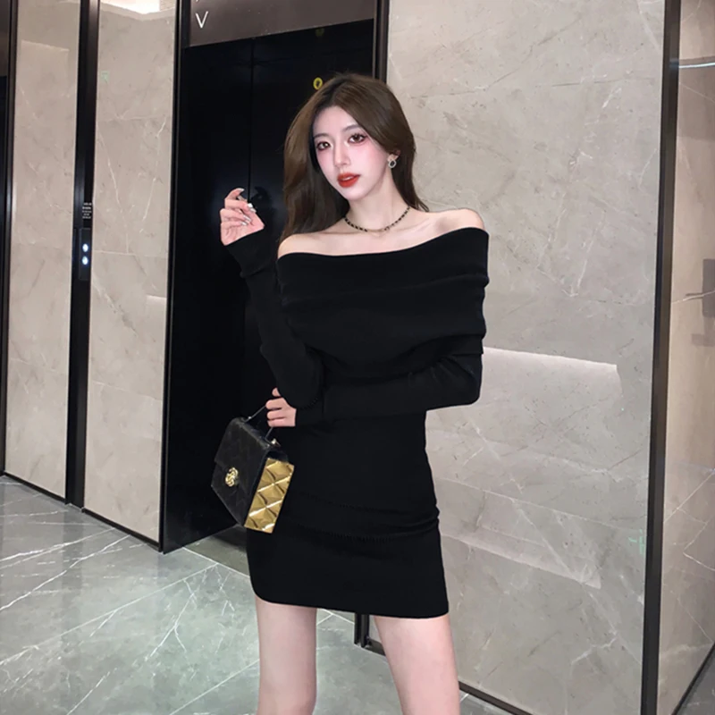 Sexy Slash Neck Mini Dress Women Vintage Elegant Black Wrap Sweater Dresses Winter Korean Red Off Shoulder Bodycon Vestidos New