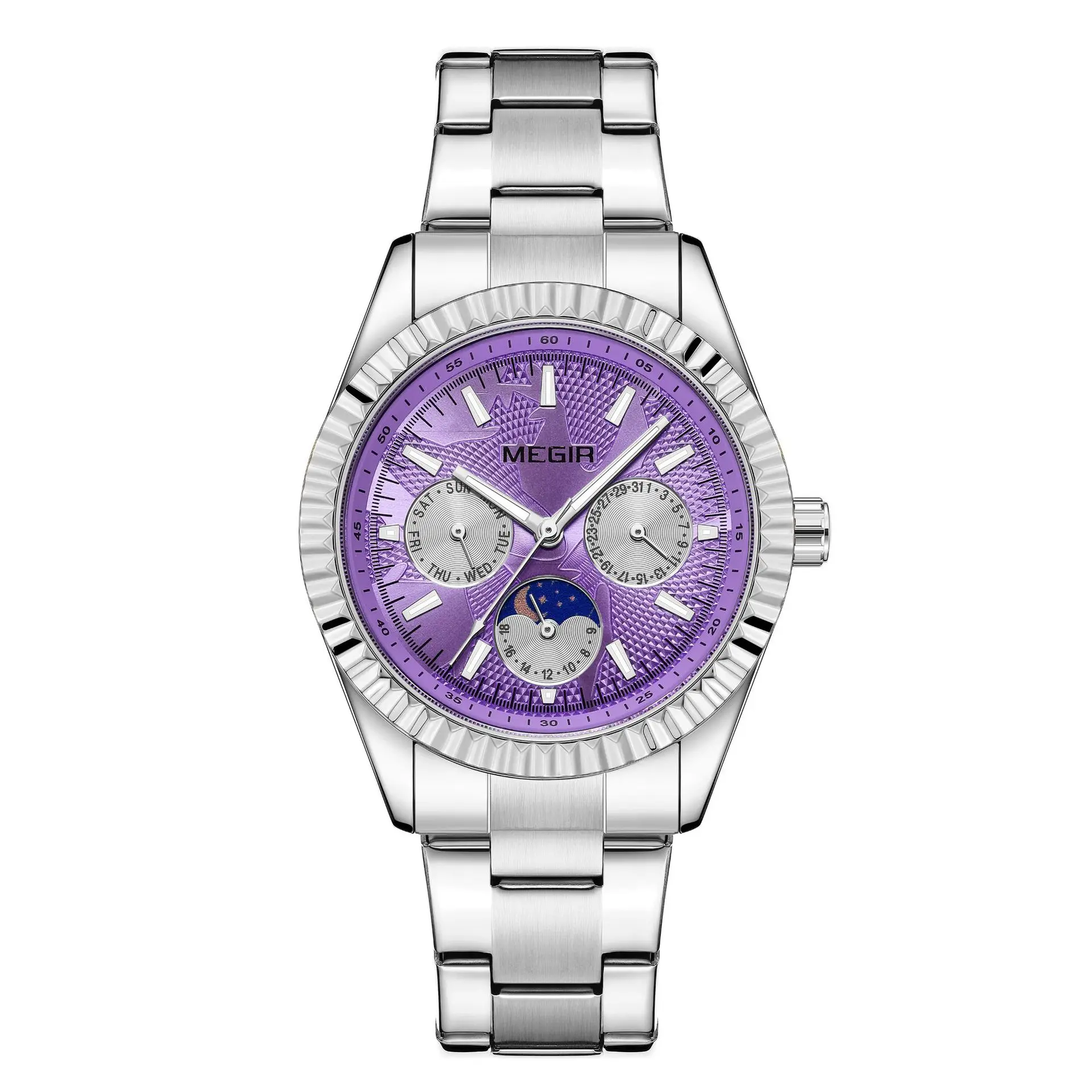 Business Quartz Watch for Men with Three Eye Six Hand Moon Phase Calendar and Steel Band Butterfly Clasp Waterproof
