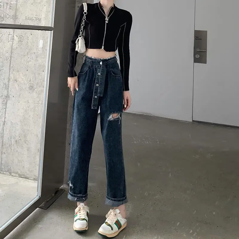 Đen Nữ Quần Jean Lưng Cao Vintage Thẳng Quần Baggy Quần Denim Dạo Phố Phong Cách Thời Trang Ống Rộng Denim Quần Q286