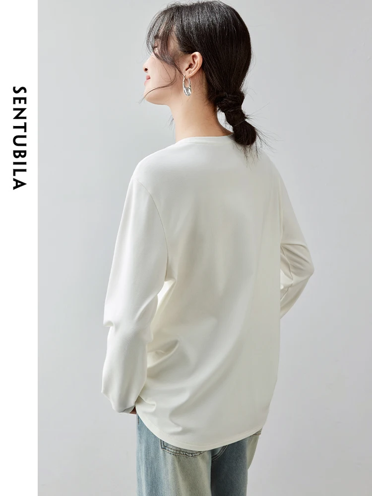 SENTUBILA Solid Slim Cotton T-shirt for Women 2024 Autumn 5A  Antibacterial Round Neck Long Sleeve Basic Simple Tees 143T56820