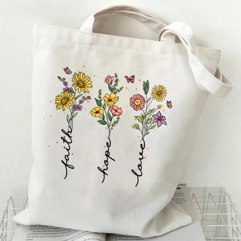 Wiara Nadzieja Miłość Wzór Płócienna Torba Na Ramię Boho Vintage Wildflower Wszechstronne Torby Do Przechowywania Christians Wiara Prezent Torebka Damska