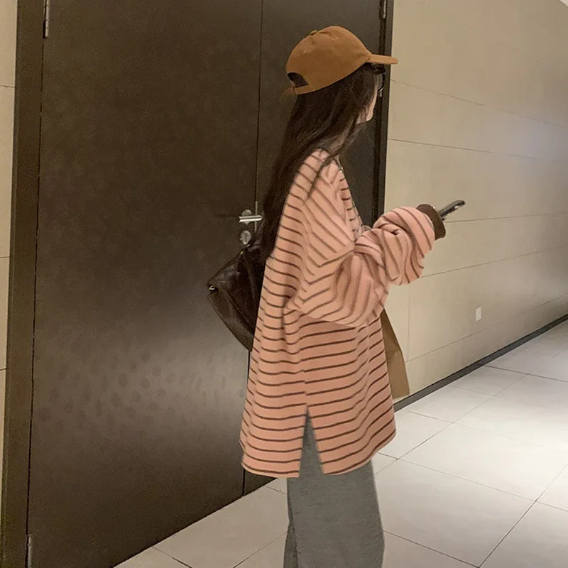 Herbst- und Winter-Damen-Sweatshirt im koreanischen Stil, lässig, Rundhalsausschnitt, lange Ärmel, Farbblock-Streifenmuster, Oversize, locker geschnitten, Damenoberteile. – Detail 8