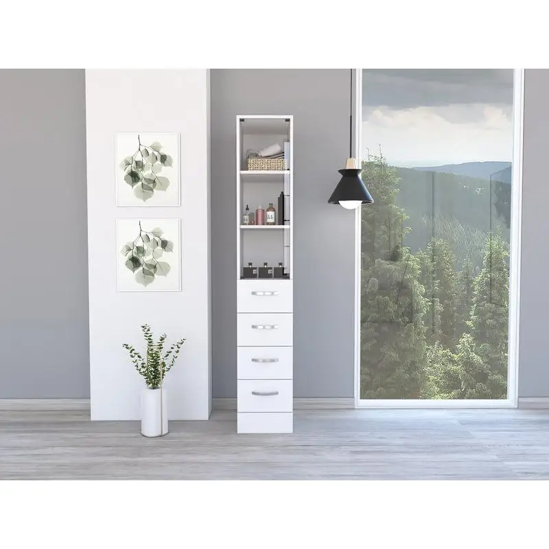 

Linen Cabinet with 3 Shelves and 4 Drawers - White Storage Unit for Home Organization