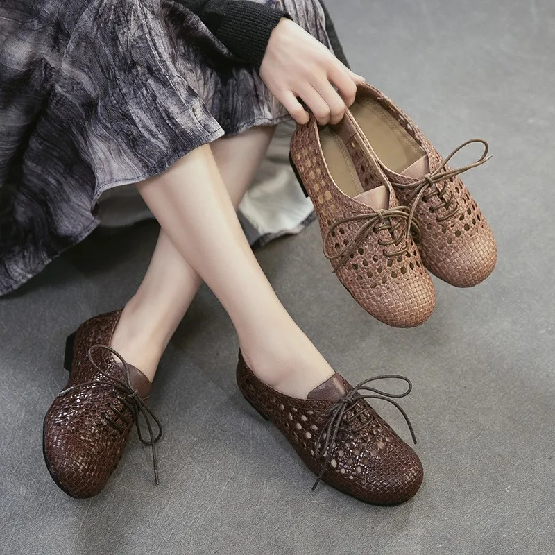 

GKTINOO Sheepskin Hand Woven Breathable Low Heels Shoes 2026 Summer New Genuine Leather Comfortable Lace Up Women's Shoes