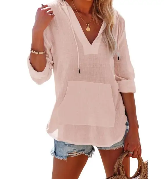 Autumn Solid Color V-Neck Lace Up Pocket Long Sleeved Chiffon T-Shirt Women's Casual Loose Solid Color Hooded Chiffon Shirt Top