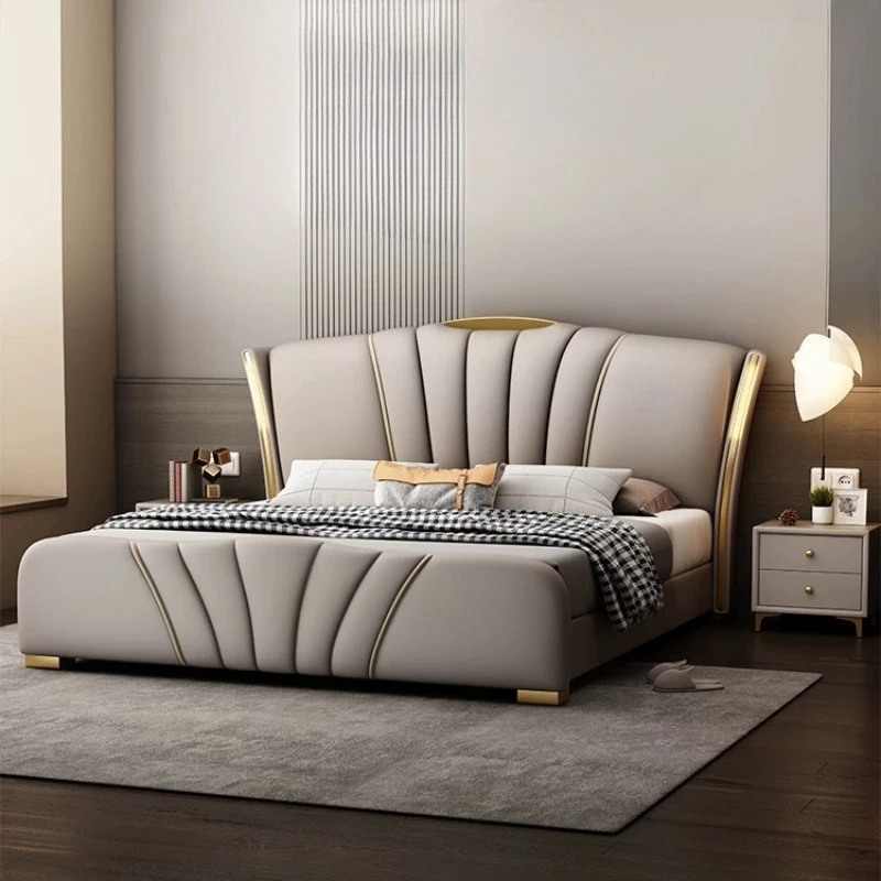 Luxury Home Elegant Furnish Decor Italian Style Leather Bed Master Bedroom Modern Simple Large Bed Soft Package Wedding Bed