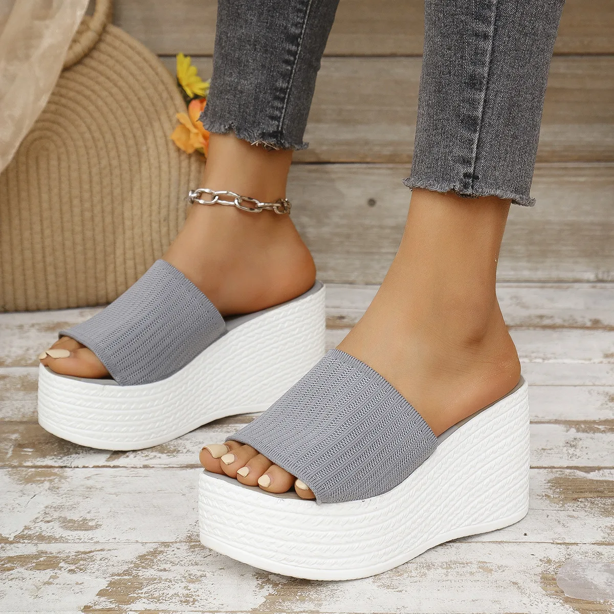 Summer Platform Women Slippers Mesh Flower High Heels Female Casual Shoes Wedges Fashion Fish Mouth Women\'s Roman Slides Shoe