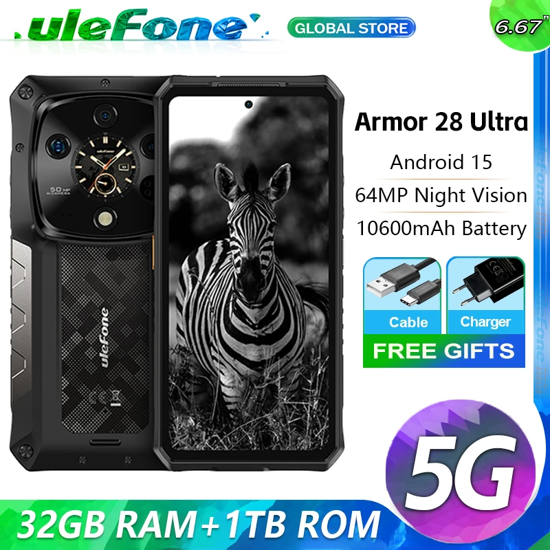 Ulefone Armor 28 Ultra,5G AI وعرة AI، 32 جيجابايت (16+16) + 1 تيرابايت Гб، 10600 مللي أمبير، 6.67 بوصة الأبعاد 9300+، أندرويد 15، NFC، الإصدار العالمي 120 وات #1