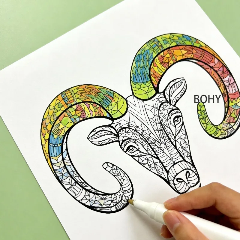 A 12 Page Adult Decompression and Coloring Book, Include Creative Themed Sketches As Animal Portraits of Wild Beasts and Mandala