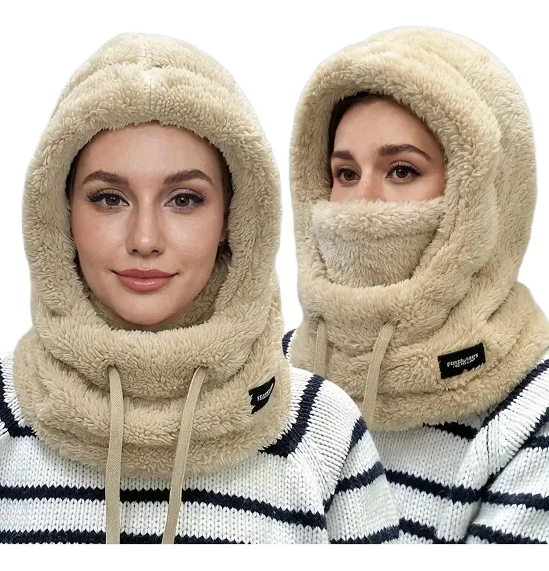 Women's Plush Winter Mask Hat & Scarf - Face Cover with Adjustable Drawstring, Elastic Face for Skiing, Cycling, Outdoor Sports