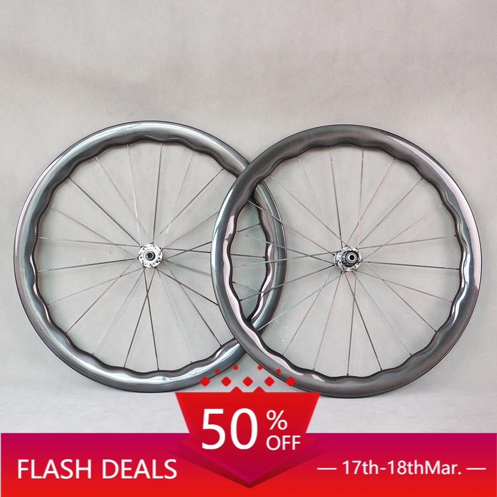 STLF Full Carbon Road Disc Carbon Wheels Bike Wave Rims Wheelset Bicycle Carbon Fiber Spokes Ceramic Bearing Titanium Hub 50*28m