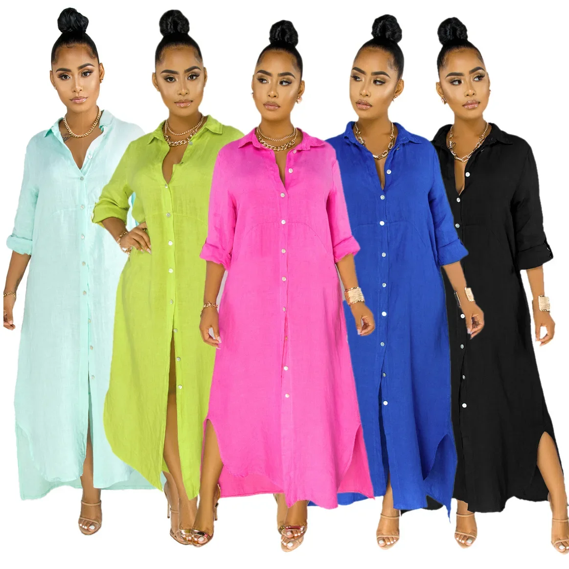 Shirt Dress Women Casual Long Sleeve Side Split Button Dresses Turn Down Collar Elegant Solid Loose Vestidos Spring Summer
