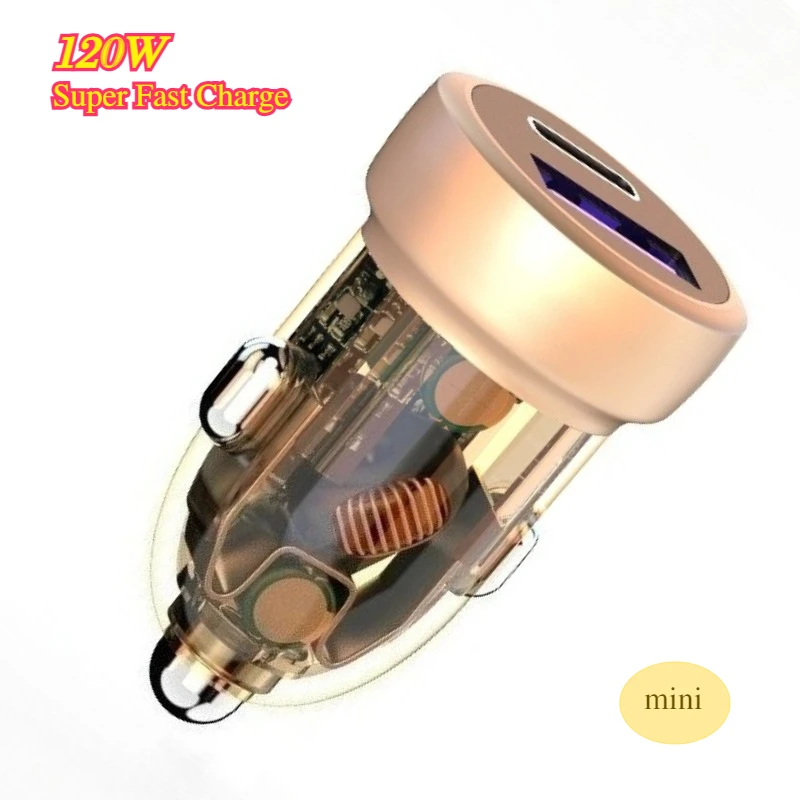 

120W 2 Port Mini Car Charger with Super PD20W QC3.0 Fast Charging USB car Cigarette Lighter Adapter Transparent Design for phone