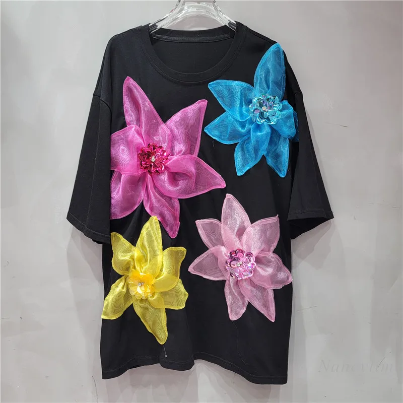 European Style Oversized Tshirt Women 2024 Summer New Three-Dimensional Large Flower Beaded Loose Short Sleeve T-Shirt Tops