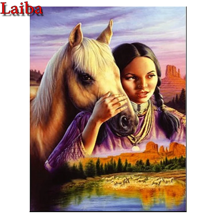 5D DIY Diamond Painting Kit Round Embroidery Indian girl with horse pattern Mosaic Making Cross Stitch for Home Wall Decor art