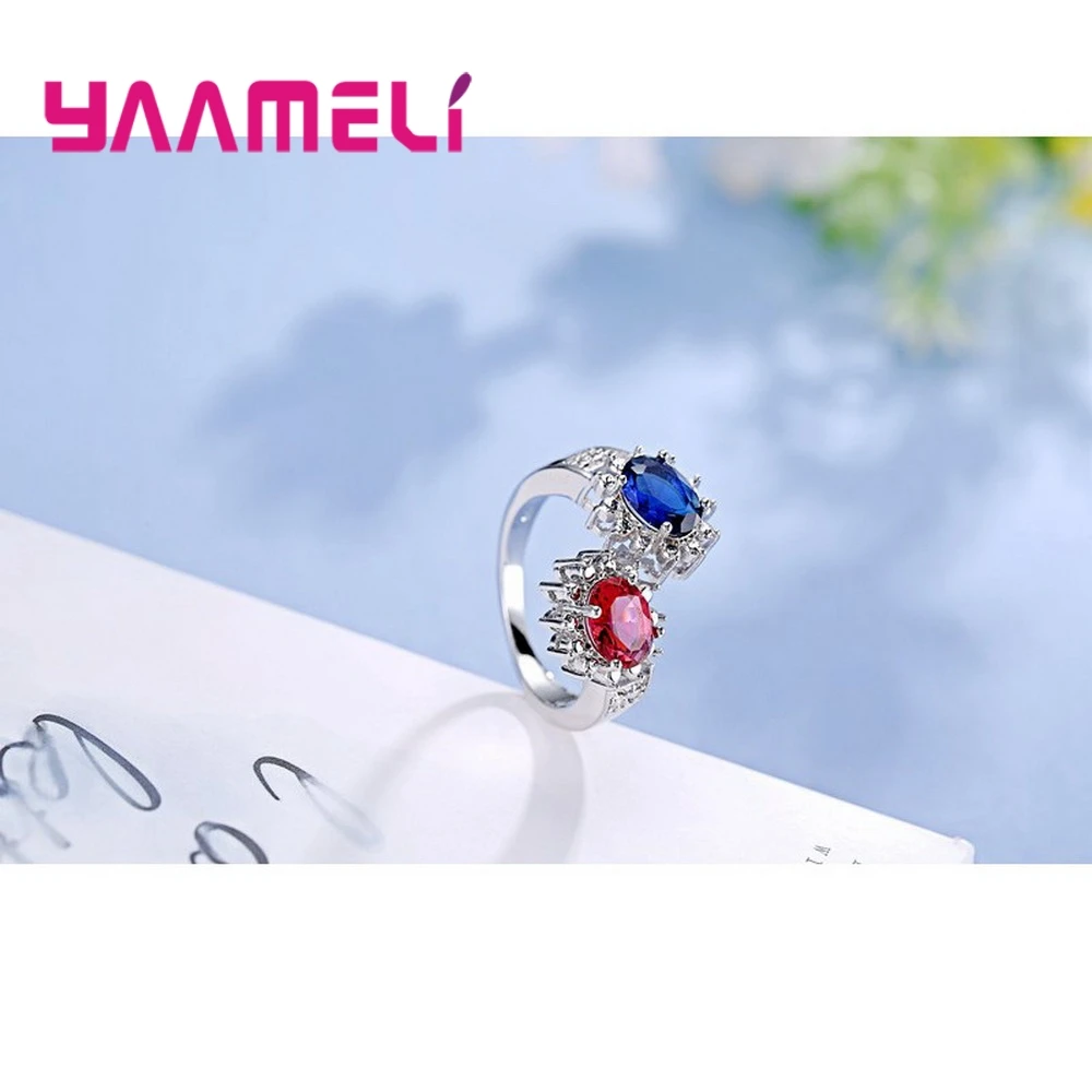 Brand Pretty 925 Sterling Silver Color Women Wedding Engagement Finger Ring Bijoux With Oval Blue&Red High-End Cubic Zircons