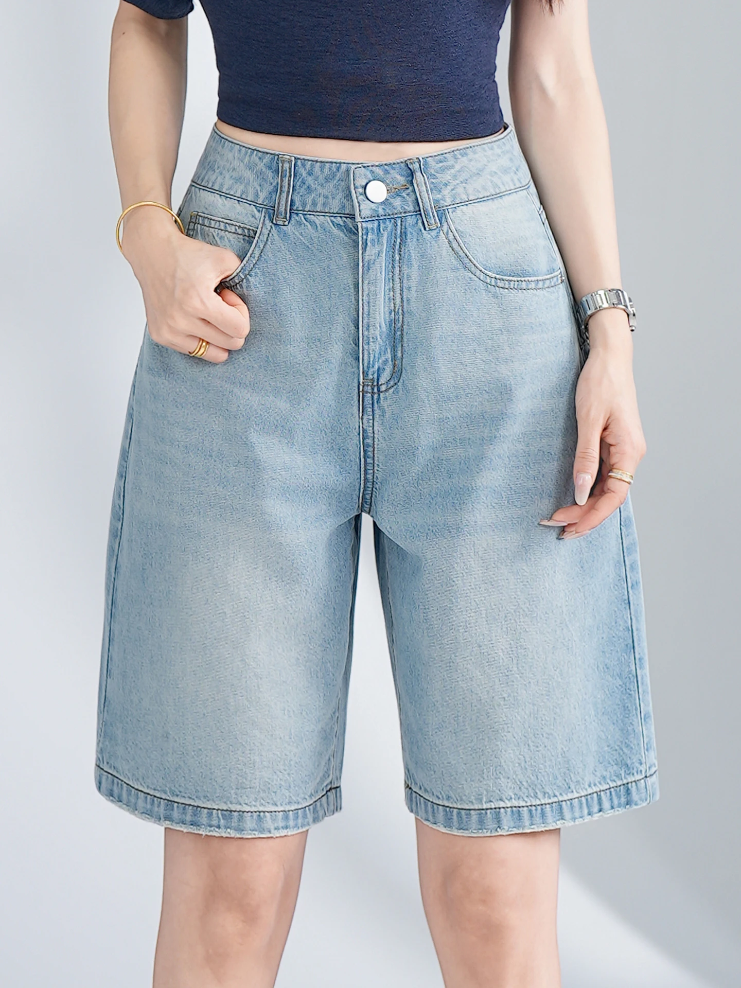 

High Waist Wide Leg Jeans Women's Summer Thin Straight Cut Loose Outerwear Casual Cotton Denim Shorts Comfortable Breathable