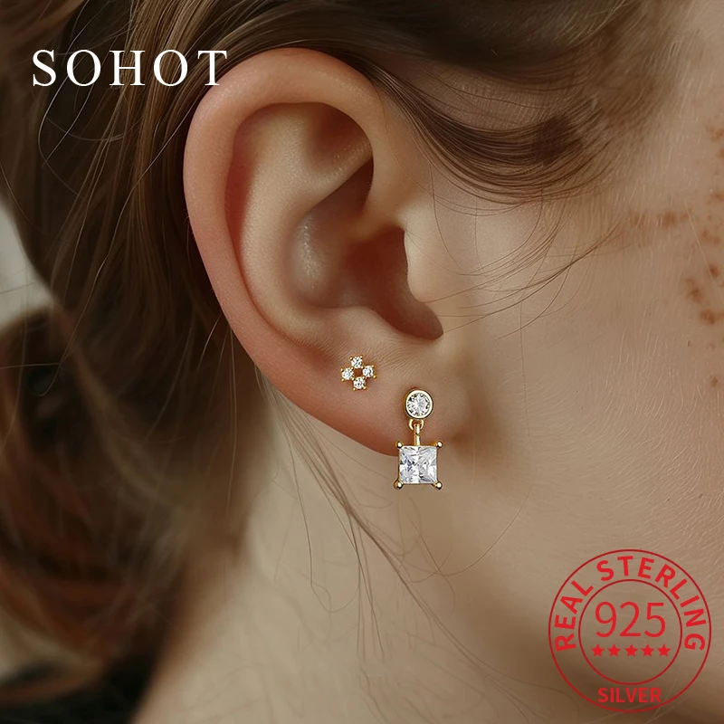 

1 Pcs Real 925 Sterling Silver Geometric Zircon Moon Star Flower Mini Stud Earrings for Women Trendy Fine Jewelry Accessories