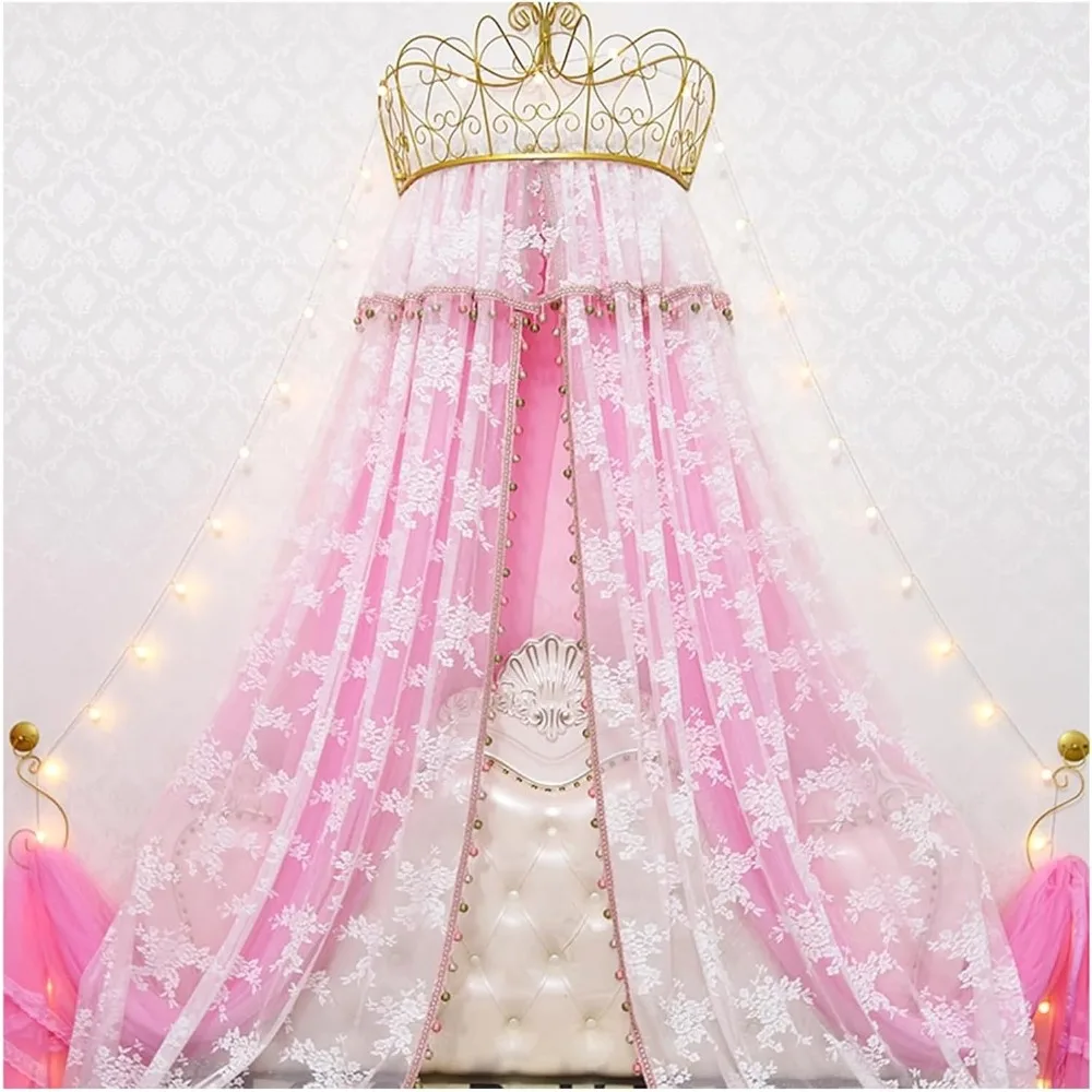 

Canopy Bed Frame,Mosquito Net for Bed,Crown Bed Canopy & Drapes, Double Layer Lace Princess Hanging Curtain for Room Decoration,