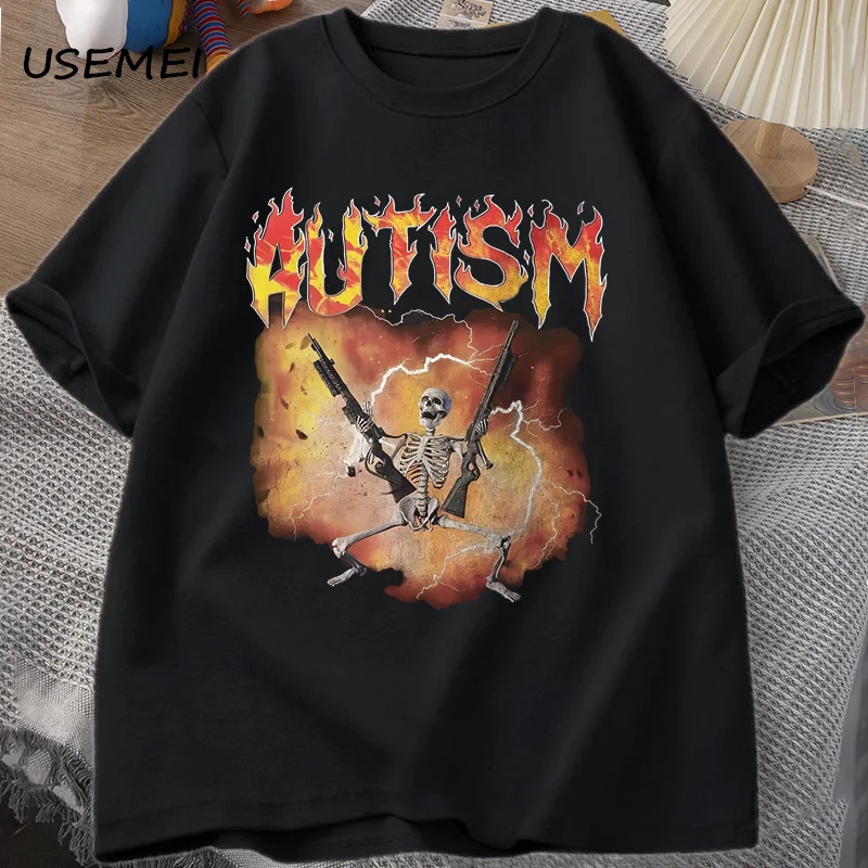

Autistic Skeleton T Shirt 2026 New Funny Autism Meme 100% Cotton Men Unisex Oversized Vintage Neurodivergent Streetwear Top