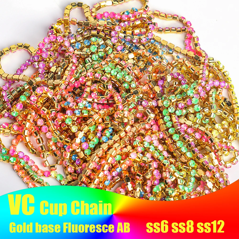 VC Gold base Fluoresce AB Glass Crystal Rhinestone Cup Chain Sew On Diamond Close Chains Glitter Trim sew on Garment