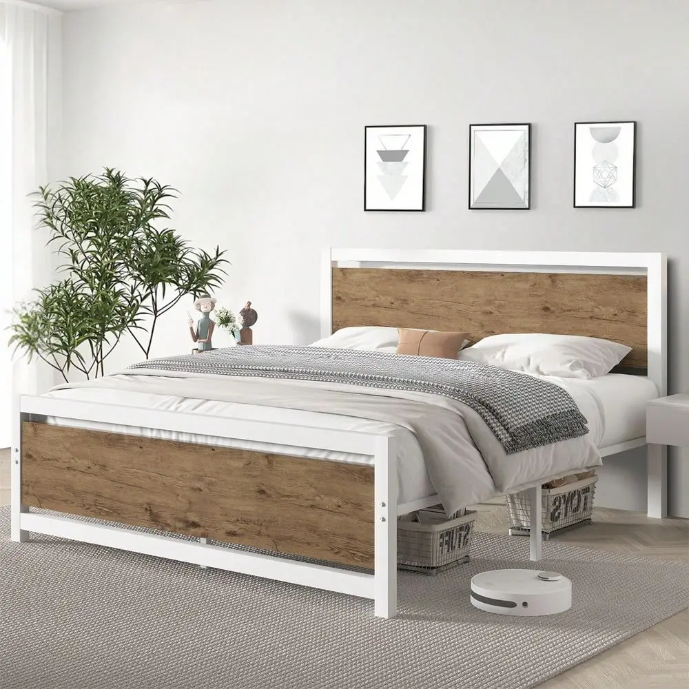 

Full Queen Metal Platform Bed Frame With Wooden Headboard And Footboard, 10.5in Under Bed Storage, AllMetal Support System, No
