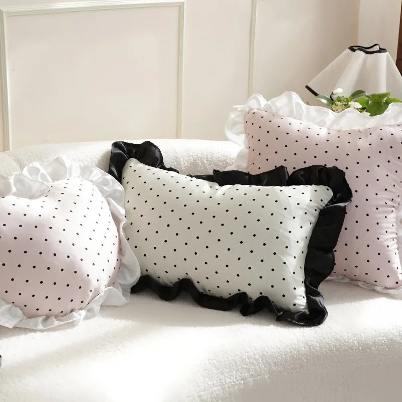 French Country Pillowcase Floral Dot Ruffle Pillow Cover Lumbar Cushion Case Boho Sofa Backrest Bedroom Decor Cotton Accent