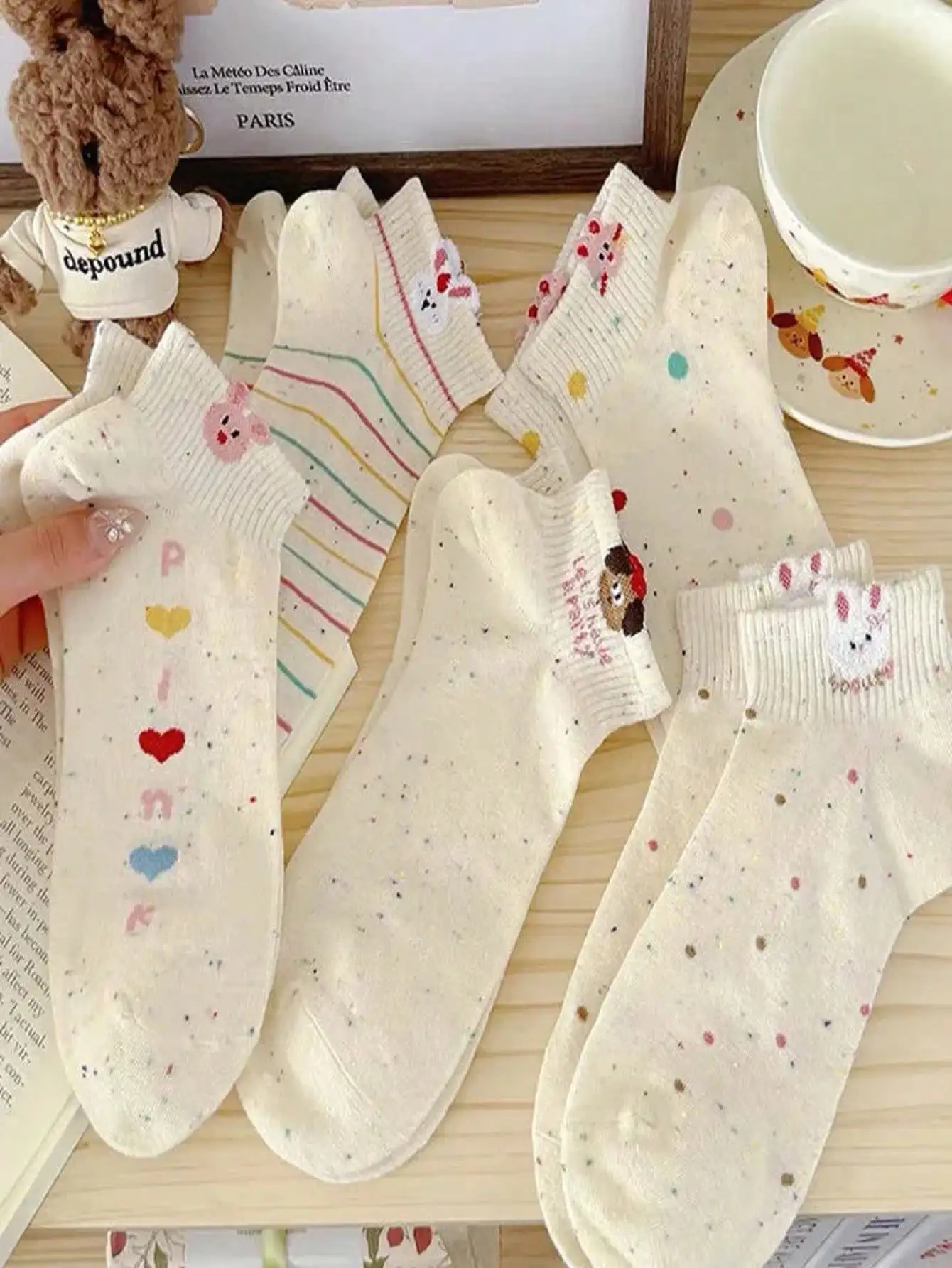 5 Pairs Dot Yarn Women Short Socks Fashion Cute Cartoon Pattern Spring/Summer Sweat Absorbing Breathable Casual Socks
