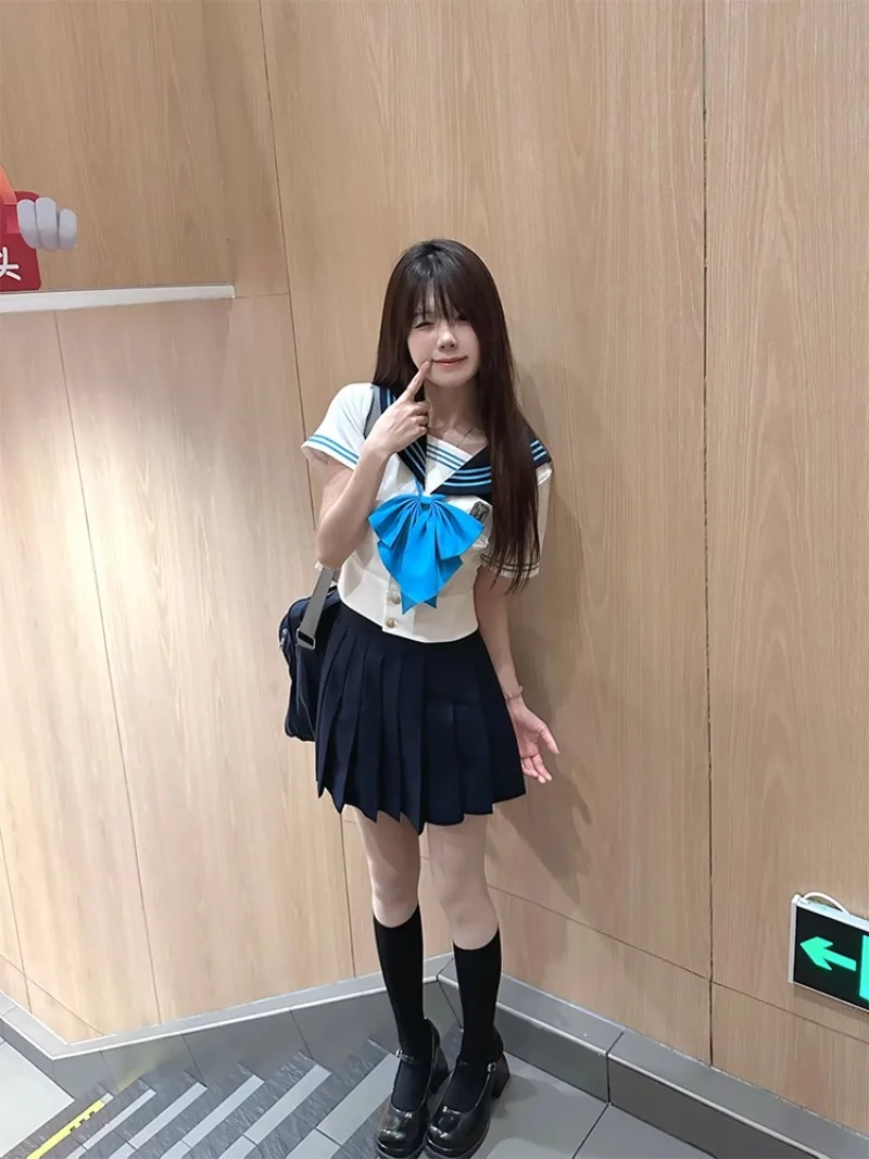 New Lolita JK Uniform Sailor Set Preppy Style Cute Waist Trimming Shirt And Mini Skirt Summer Color Matching Versatile Suit Girl