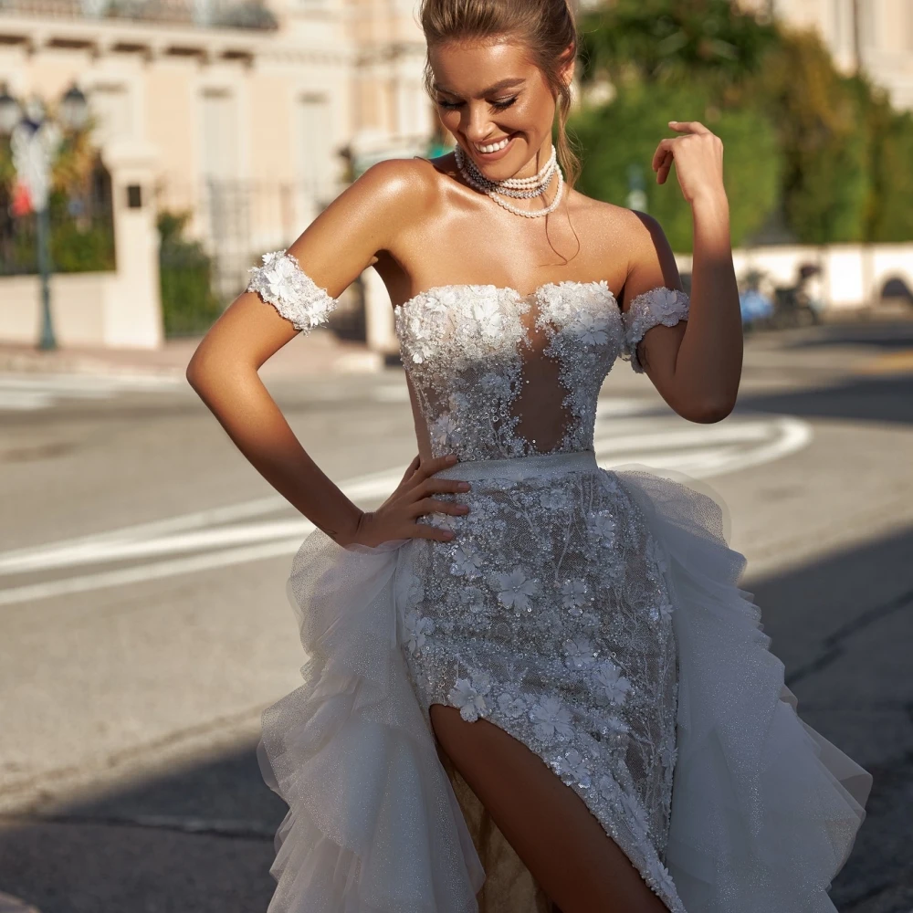 Glitzer Stickerei Perlen Hochzeitskleid Abnehmbare Schleppe Ärmel Braut Robe Exquisite Quaste Falte Brautkleid Robe De Mariée