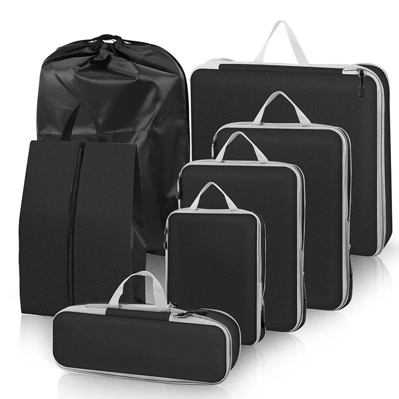 3-7PCS Compressed Packing Cubes Travel Storage Organizer Set With Shoe Bag Mesh Visual Luggage Portable Lightweight Suitcase Bag